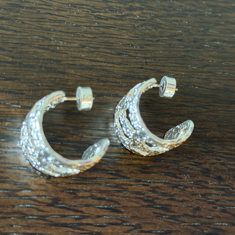 Chico's Silver Textured Crescent Hoop Earrings